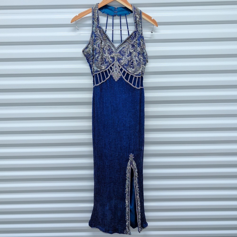 Riva Designs Size XL Women Royal Blue Beaded 100% Silk Maxi Gown Vintage 90s Y2K